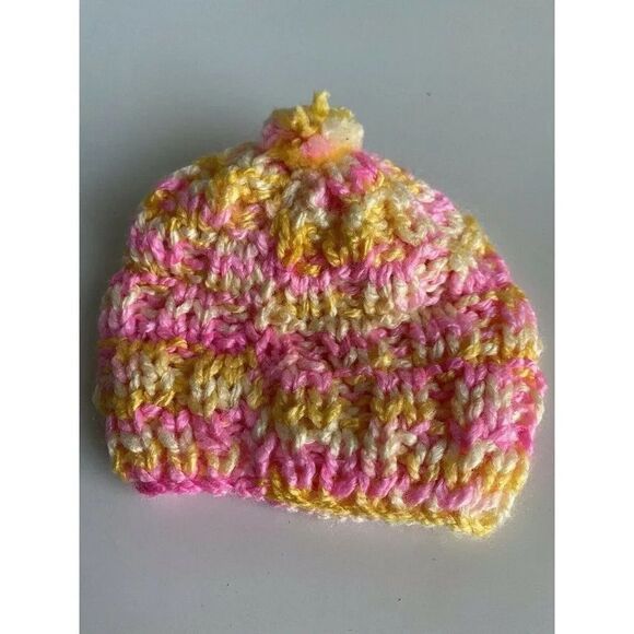 Handmade Crochet Preemie Beanie Baby Newborn Hat Knitted Pink Yellow New - Picture 1 of 6